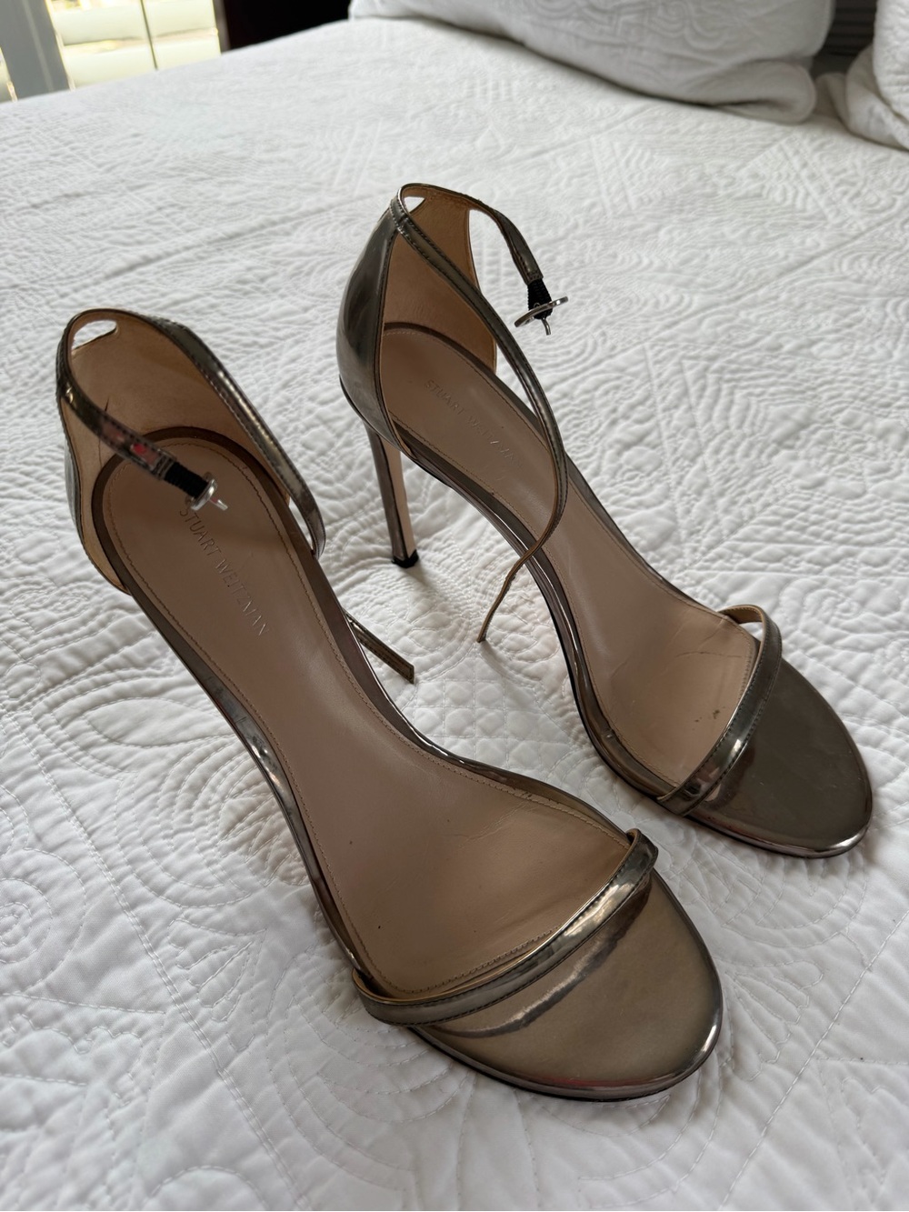 Stuart Weitzman Metallic Pewter Strap Stiletto Sandals